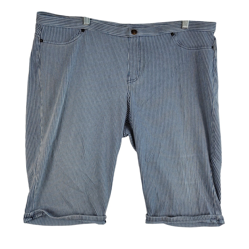 Hue Bermuda Shorts Women XL Blue Pinstripe Stretch Denim Pull On Casual